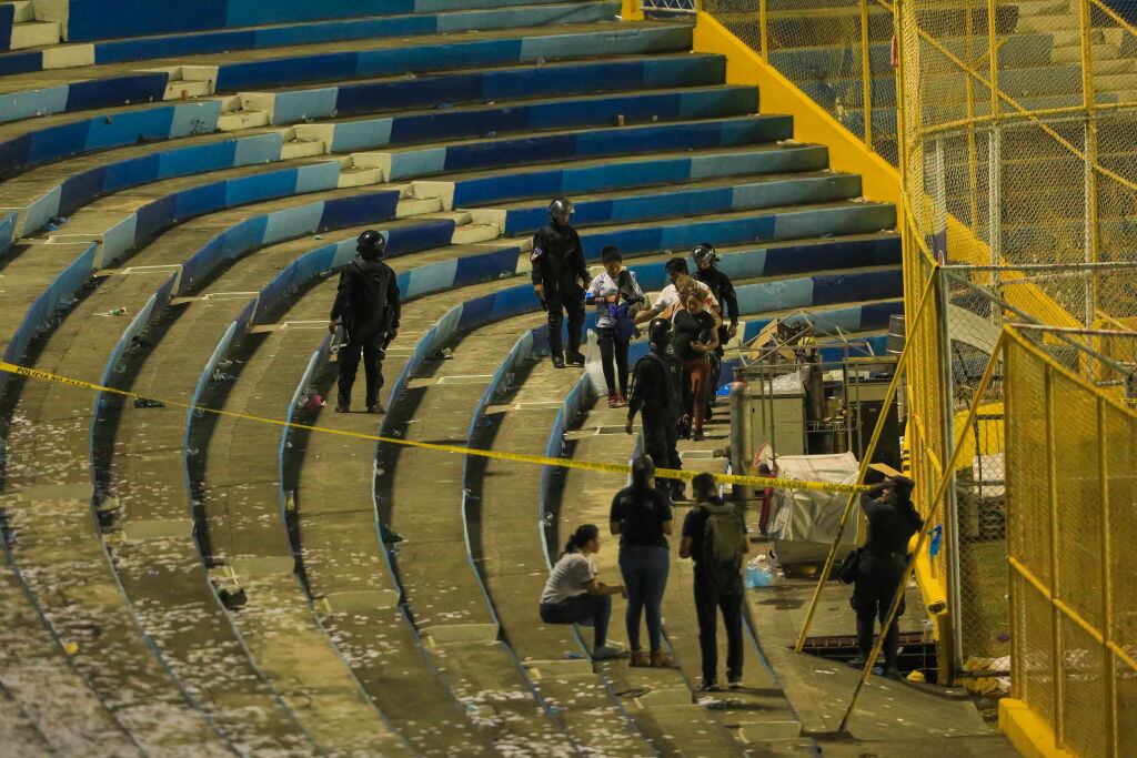 SAN SALVADOR, EL SALVADOR - MAY 20: Security forces take measures after fans of Alianza F.C. at the Cuscatlan stadium died in stampede, in San Salvador, El Salvador, on May 20, 2023. At least twelve people were killed and dozens more injured when stampeding fans of said club pushed through one of the access gates at a Salvadoran league quarterfinal soccer match between Alianza F.C. and C.D. FAS. (Photo by Alex Pena/Anadolu Agency via Getty Images)
