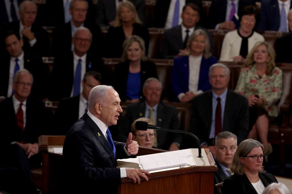 Primer ministro israelí, Benjamin Netanyahu en el Congreso de Estados Unidos. I Foto:  Justin Sullivan/Getty Images.