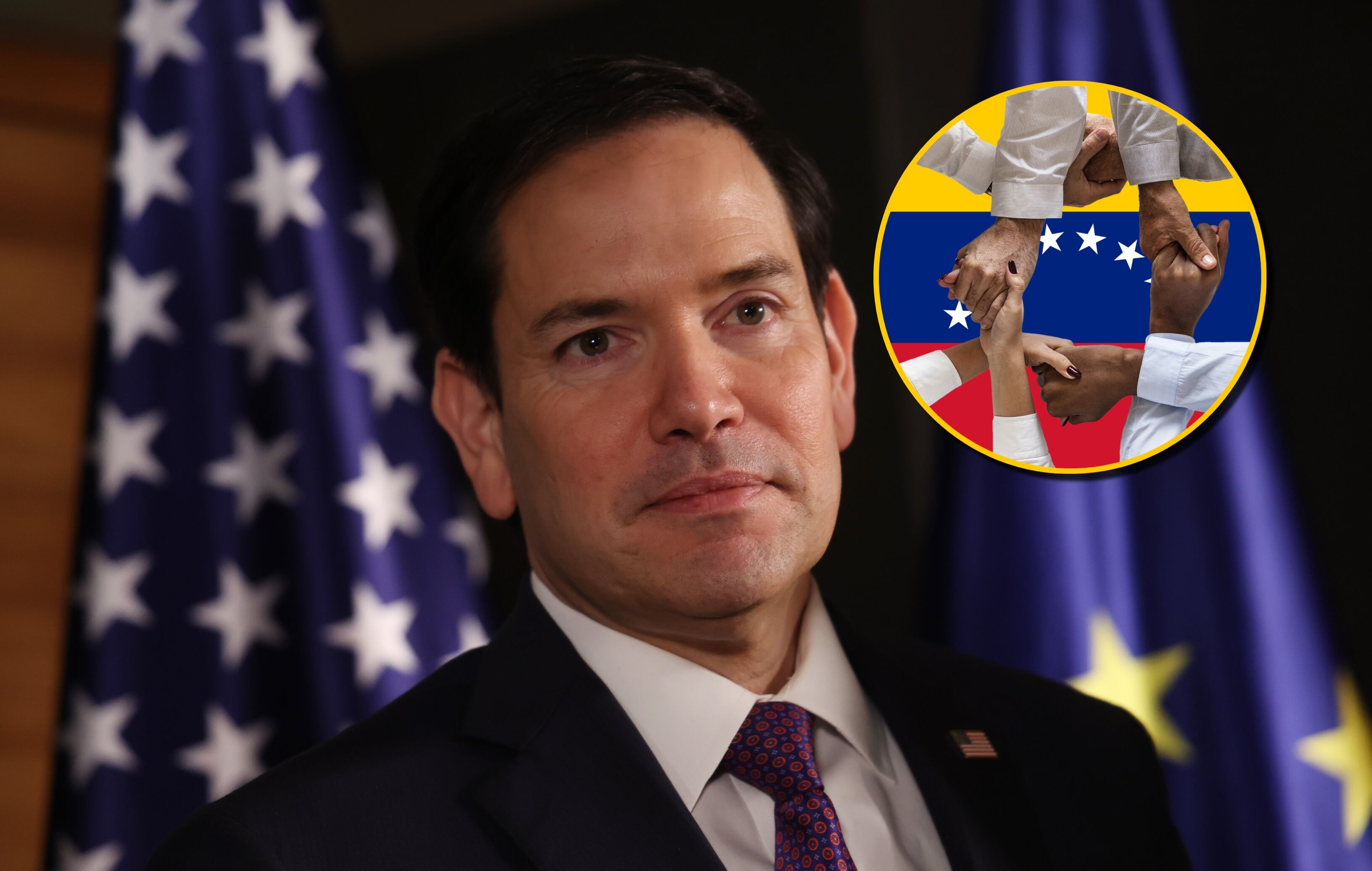 Marco Rubio y referencia de migrantes venezolanos. Foto: Sean Gallup/ Fotograf aus Leidenschaft vía Getty Images.