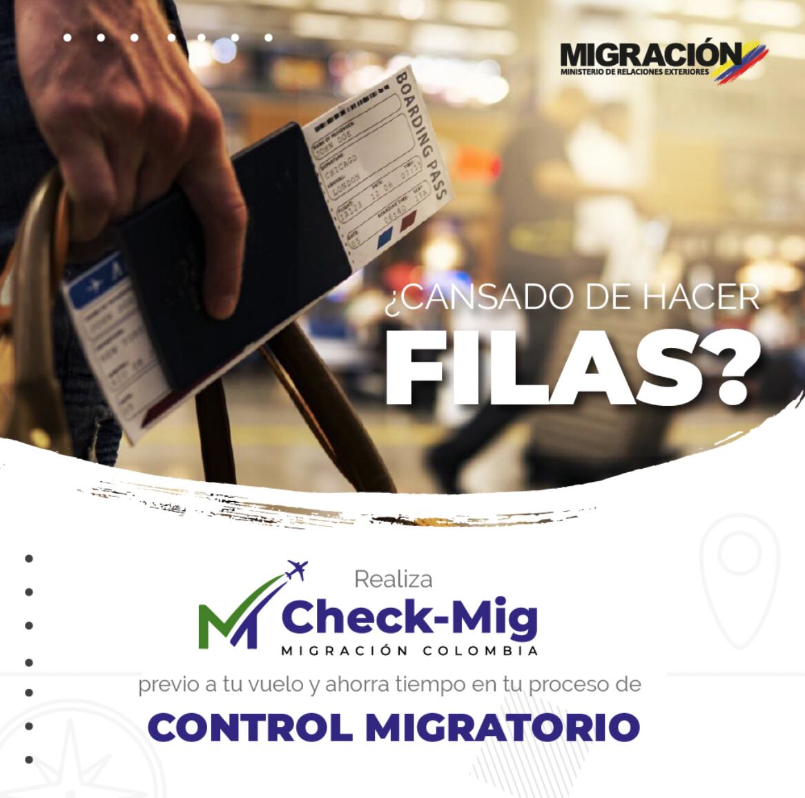 En plena temporada de vacaciones, Check Mig dejó de funcionar. Foto/Twitter @MigracionCol