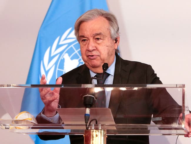 United Nations Secretary-General Antonio Guterres and the Austrian President (not pictured) give a joint press conference in Vienna, Austria, May 11, 2022. (Photo by Alex HALADA / AFP) (Photo by ALEX HALADA/AFP via Getty Images)