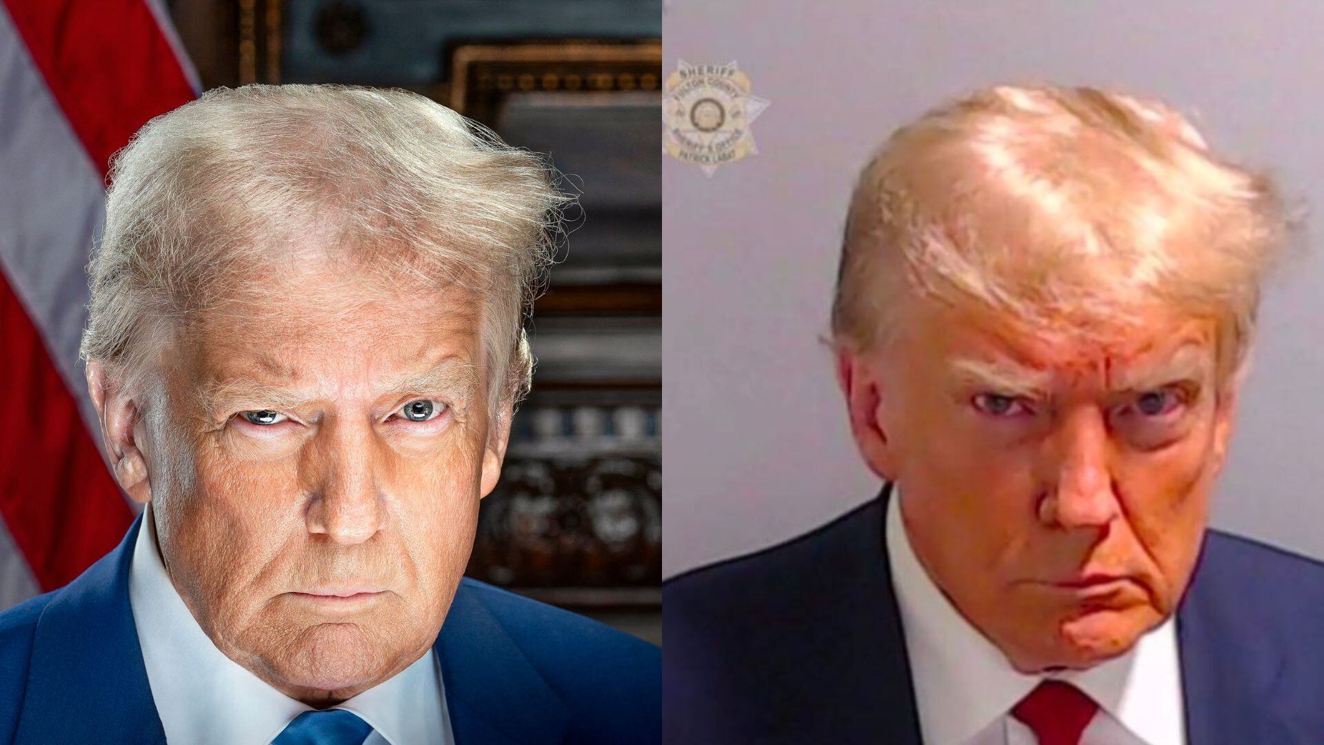 Retrato oficial de Donald Trump FOTO: EFE/EPA/Equipo de Transición Trump-Vance e Imagen de arresto a Donald Trump de EFE/ Oficina del Sheriff del condado de Fulton