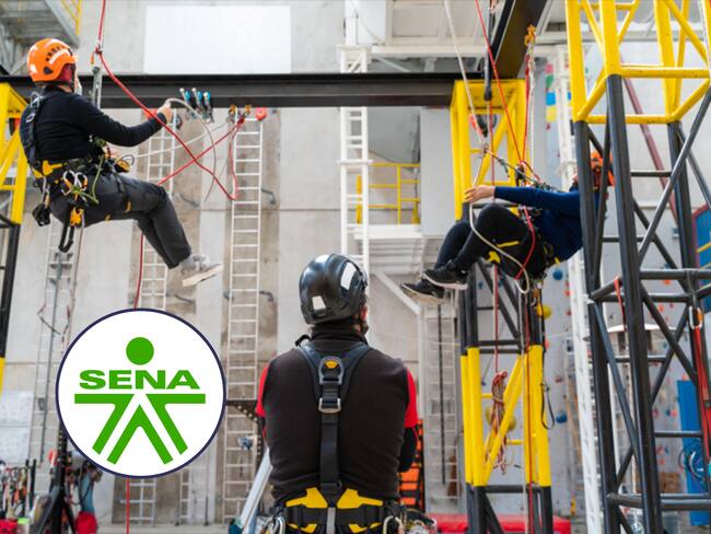Trabajadores capacitándose en cursos de alturas. En el círculo, el logo del SENA / Fotos: GettyImages y redes sociales