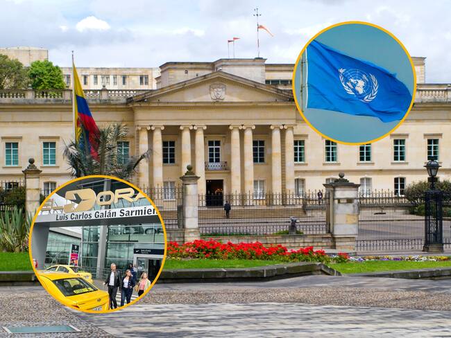 Casa de Nariño, y en los círculos, abajo a la izquierda el Aeropuerto El Dorado y arriba a la derecha la bandera de la ONU. Fotos: Getty Images y Colprensa.