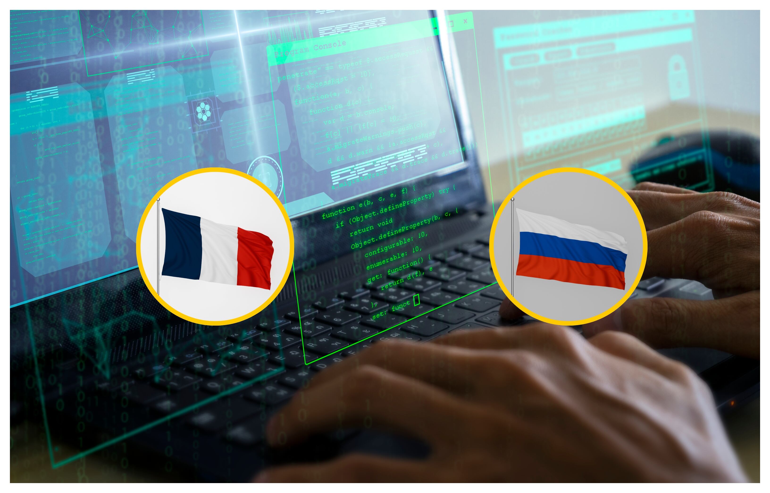 Referencia de ciberataque y banderas de Rusia y Francia. Foto: Wong Yu Liang y Karunyapas vía Getty Images.