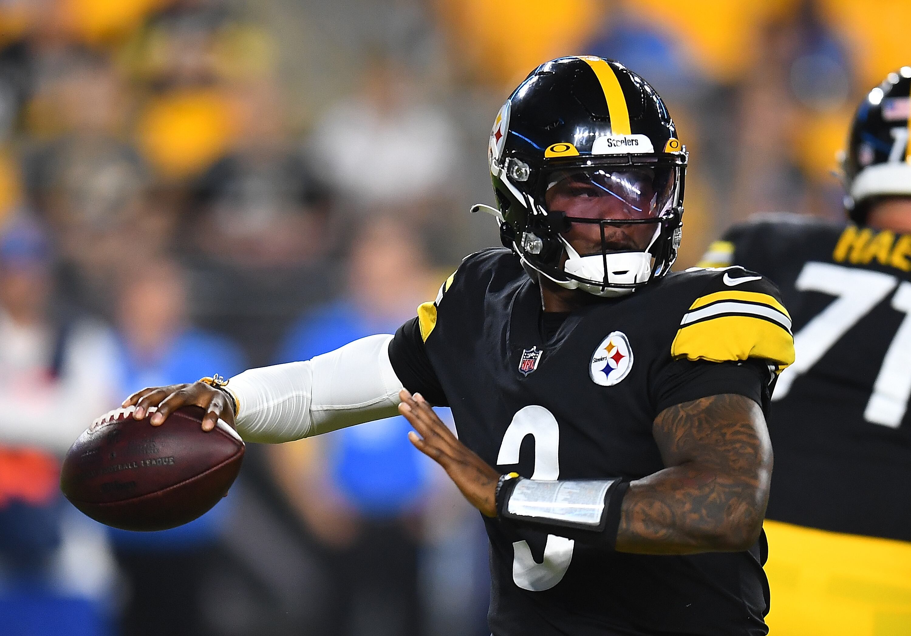 PITTSBURGH, PA - AUGUST 21:  Dwayne Haskins #3 of the Pittsburgh Steelers looks to pass during the fourth quarter against the Detroit Lions at Heinz Field on August 21, 2021 in Pittsburgh, Pennsylvania. (Photo by Joe Sargent/Getty Images)