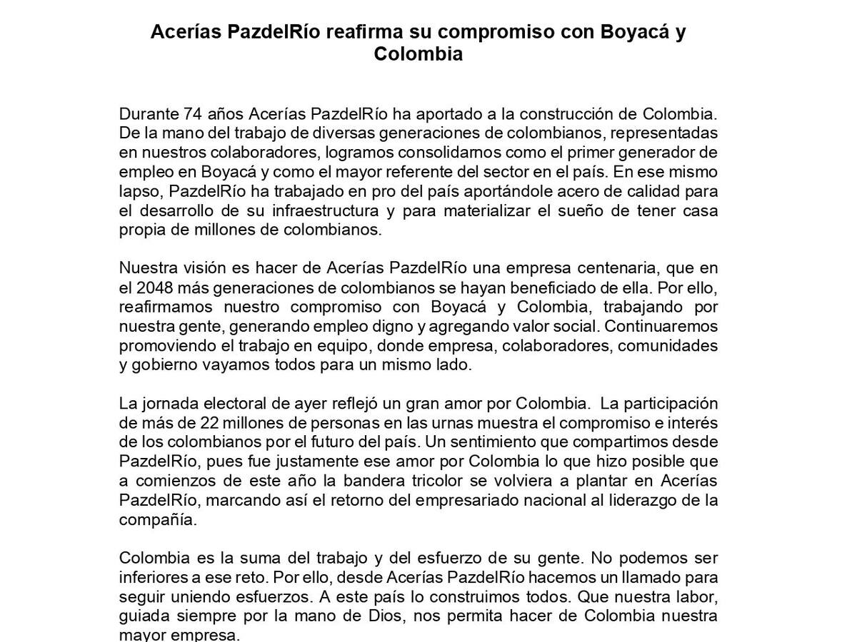 Acerías Paz del Río se pronunció frente a la elección de Gustavo Petro