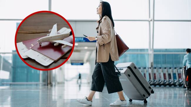 Collage, pasaporte en aeropuerto. Fotos: Getty Images.