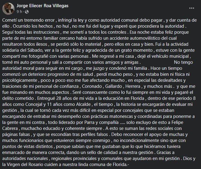 Publicación alcalde chileno Jorge Roa. Foto: Captura Facebook