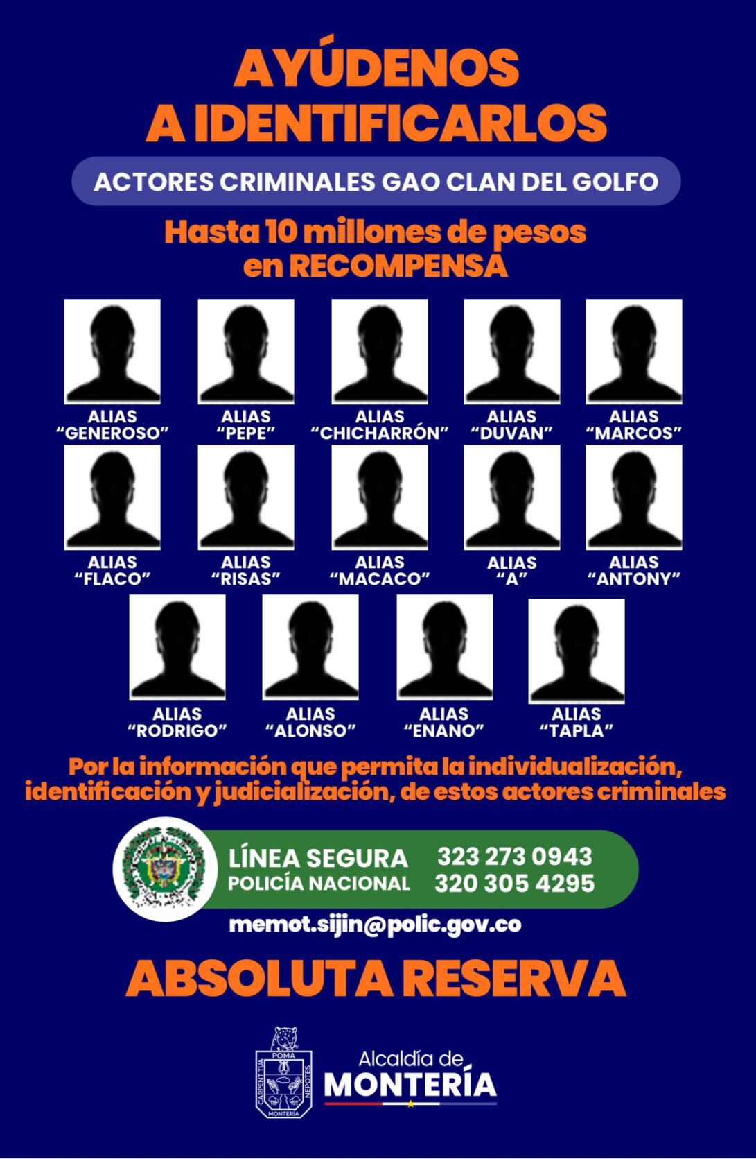 Lanzan cartel de 14 presuntos integrantes del Clan del Golfo que estarían detrás del ‘plan pistola’ en Montería. Foto: Policía.
