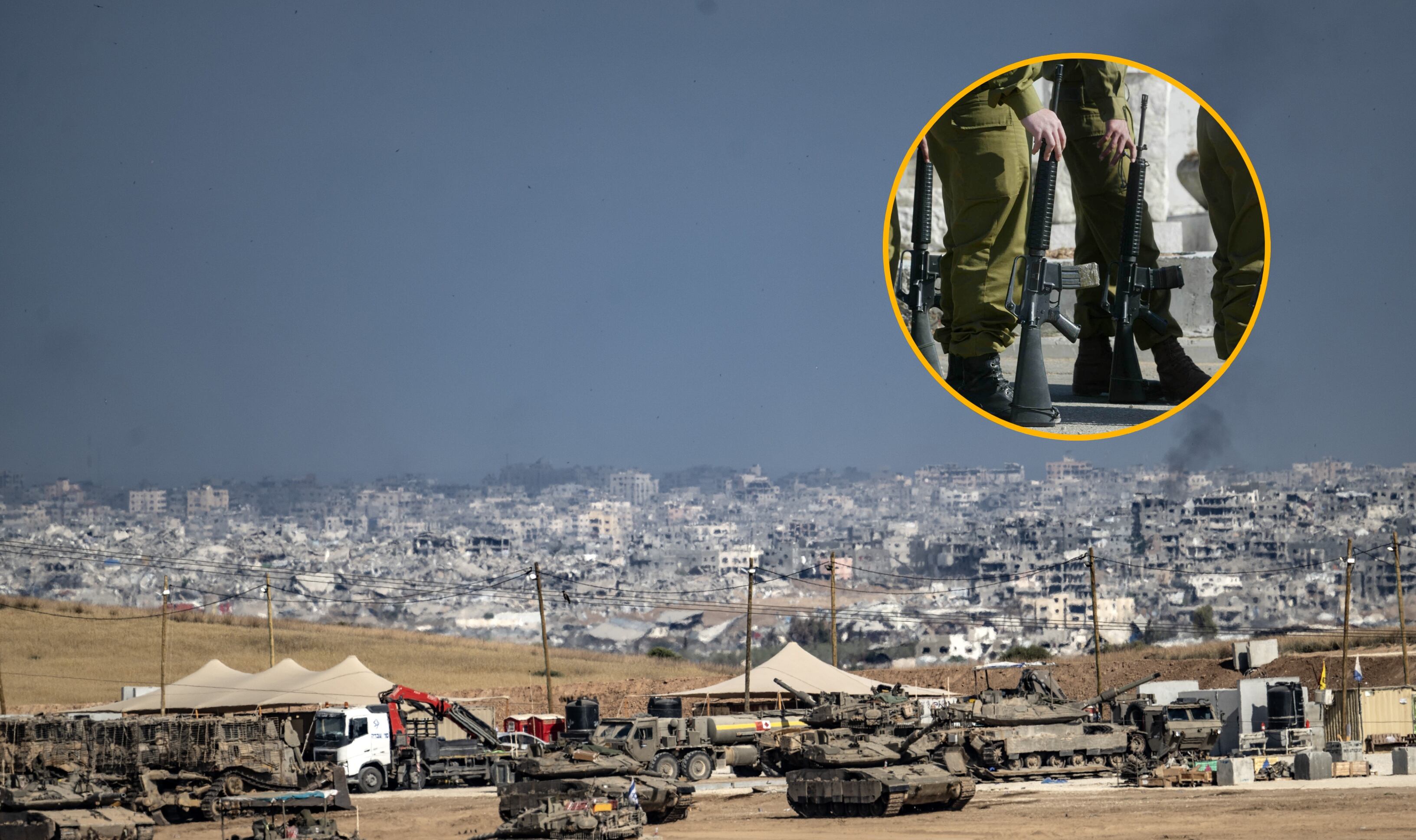 Beit Hanoun y referencia de tropas israelíes. Fotos: Mostafa Alkharouf/Anadolu/ Uriel Sinai via Getty Images.