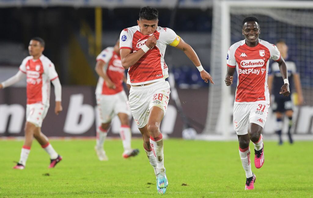 BOGOTA, COLOMBIA - APRIL 18: Kevin Mantilla of Santa Fe celebrates after scoring the team's first goal during the Copa CONMEBOL Sudamericana 2023 group G match between Independiente Santa Fe and Gimnasia y Esgrima La Plata at El Campin stadium on April 18, 2023 in Bogota, Colombia. (Photo by Daniel Munoz/VIEWpress/Getty Images)