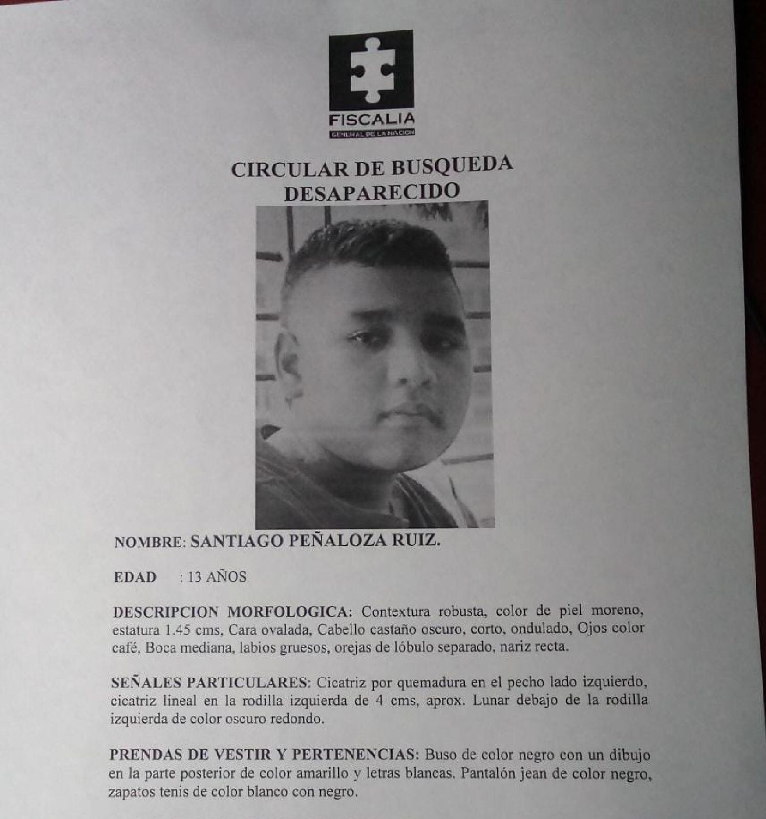 Menor desaparecido/ Fiscalía