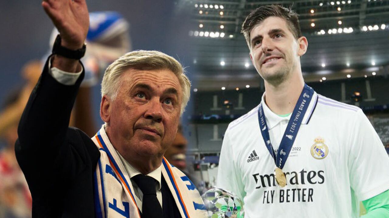 El técnico de Real Madrid, Carlo Ancelotti y el guardameta Thibaut Courtois. Foto: Getty Images