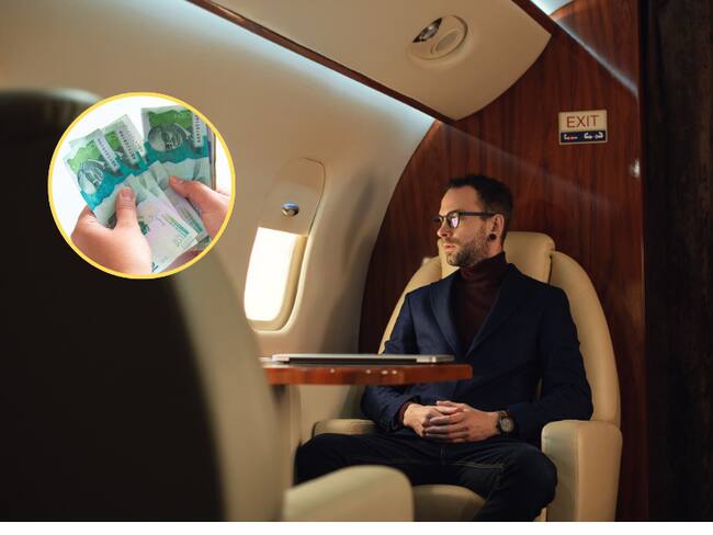 Persona en un jet privado disfrutando de su vuelto / Billetes de 100.000 pesos colombianos  (Getty Images)