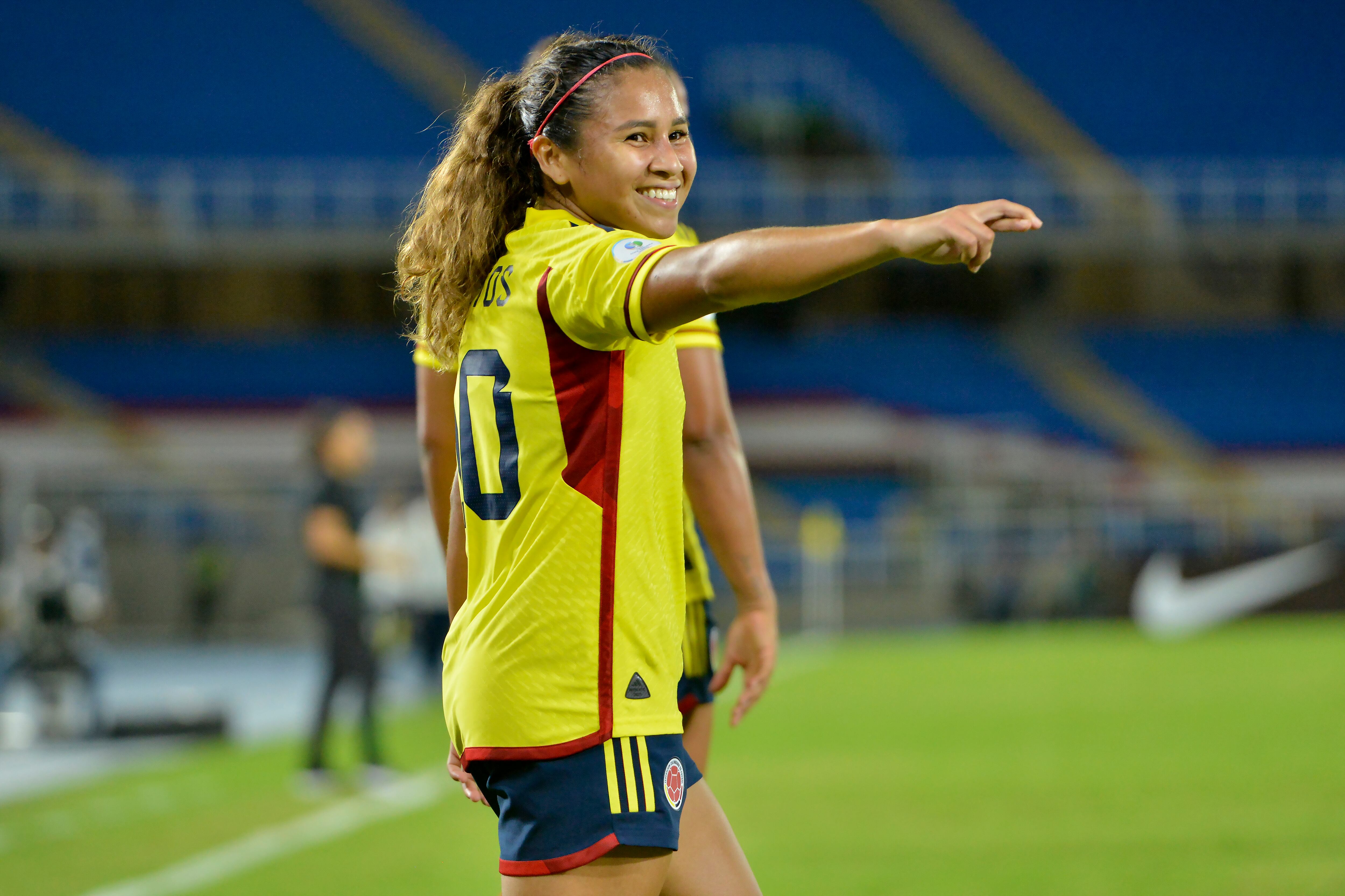 CALI, COLOMBIA - JULY 11: Leicy Santos of Colombia celebrates after scoring the first goal of her team during a Group A match between Bolivia and Colombia as part of Women's CONMEBOL Copa America Colombia 2022 at Estadio Pascual Guerrero on July 11, 2022 in Cali, Colombia. (Photo by Gabriel Aponte/Getty Images)