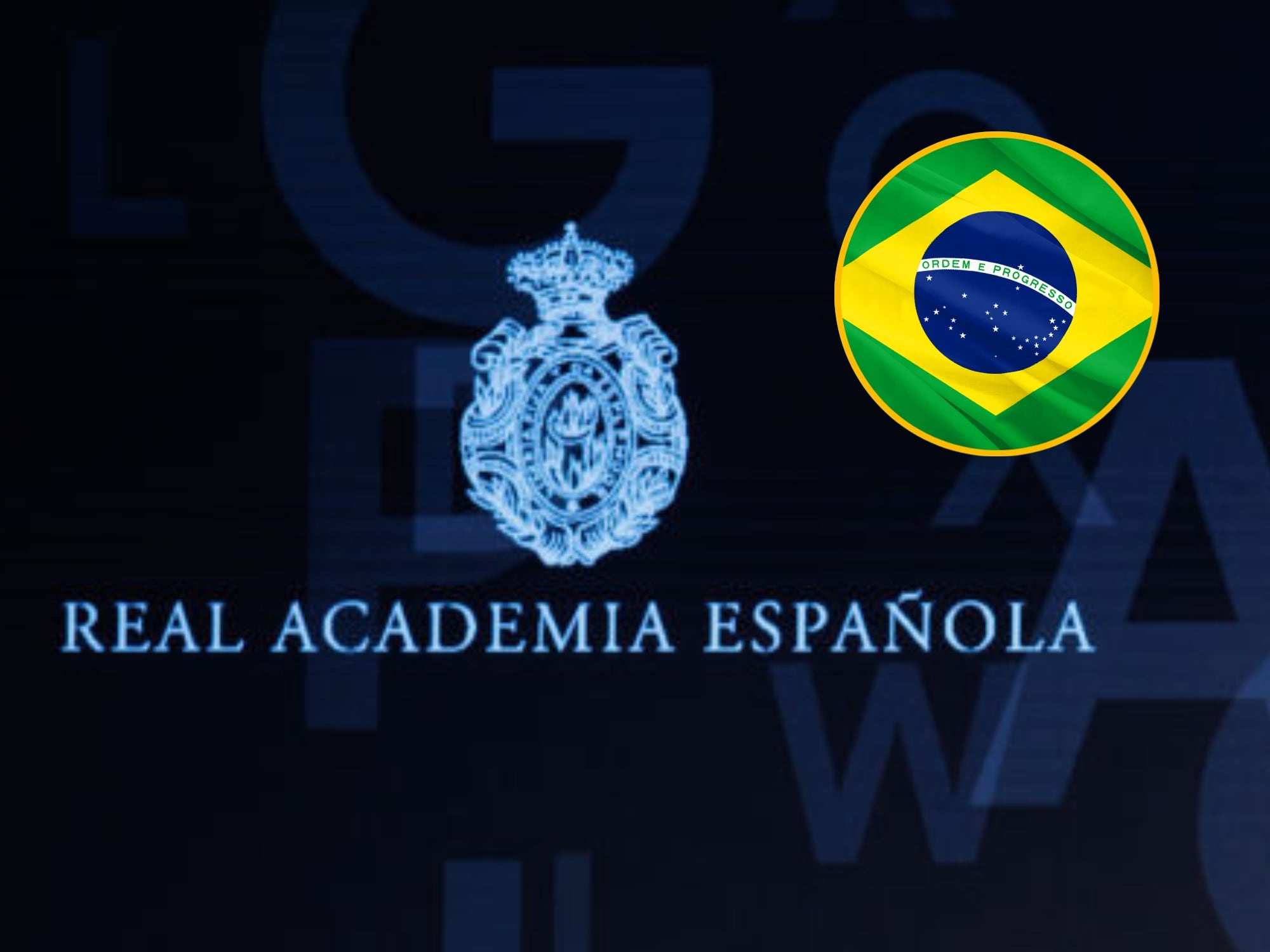 Logo de la Real Academia Española y en un círculo amarillo la bandera de Brasil. Fotos: Getty Images.