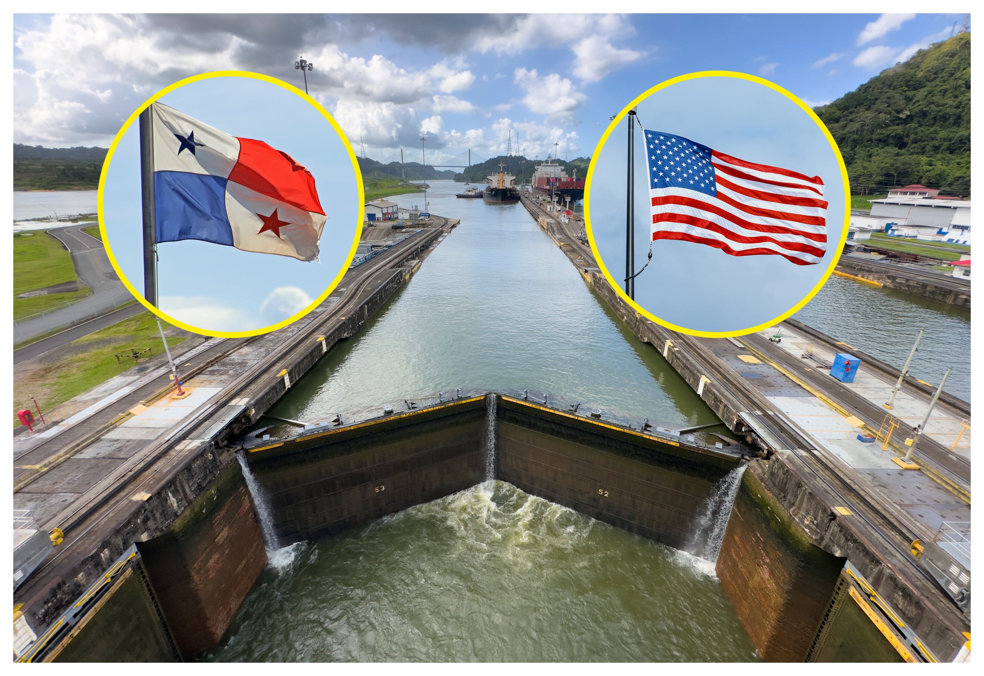 Canal, banderas de Panamá y EE.UU. Foto: Nico De Pasquale vía Getty Images.
