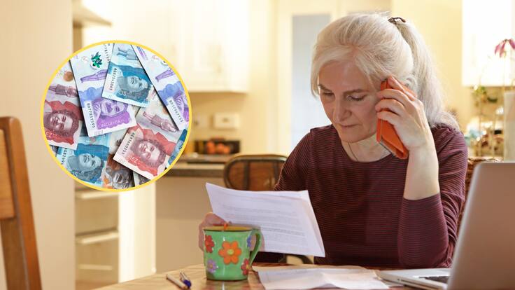 Mujer pensionada llamando por teléfono para averiguar sobre el retroactivo pensional. En el círculo, la imagen de billetes colombianos de diferente denominación (Fotos vía GettyImages)