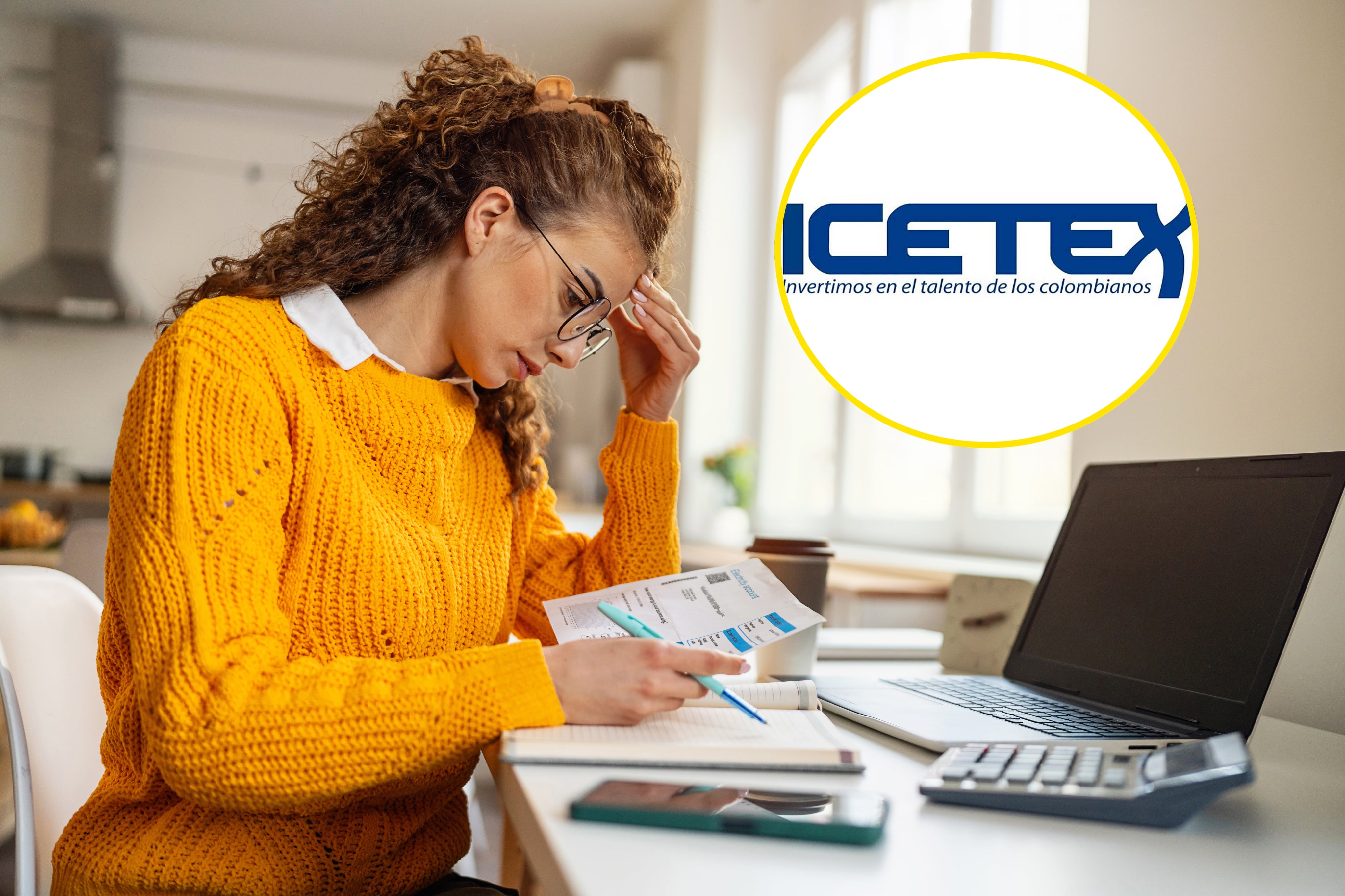 Referencia de persona endeudada y logo de Icetex. Foto: SrdjanPav/ Getty Images. 