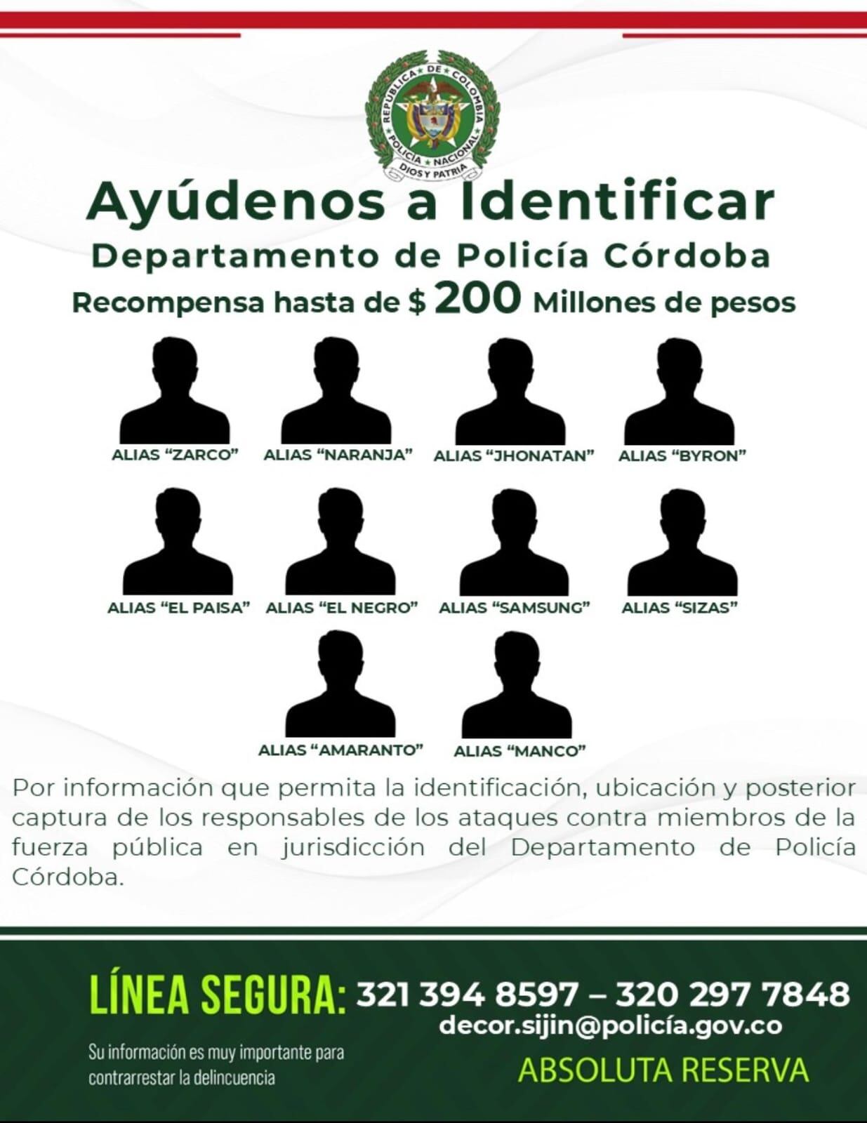 Autoridades lanzan cartel de 10 presuntos responsables del ‘plan pistola’ en Córdoba. Foto: Policía de Córdoba.