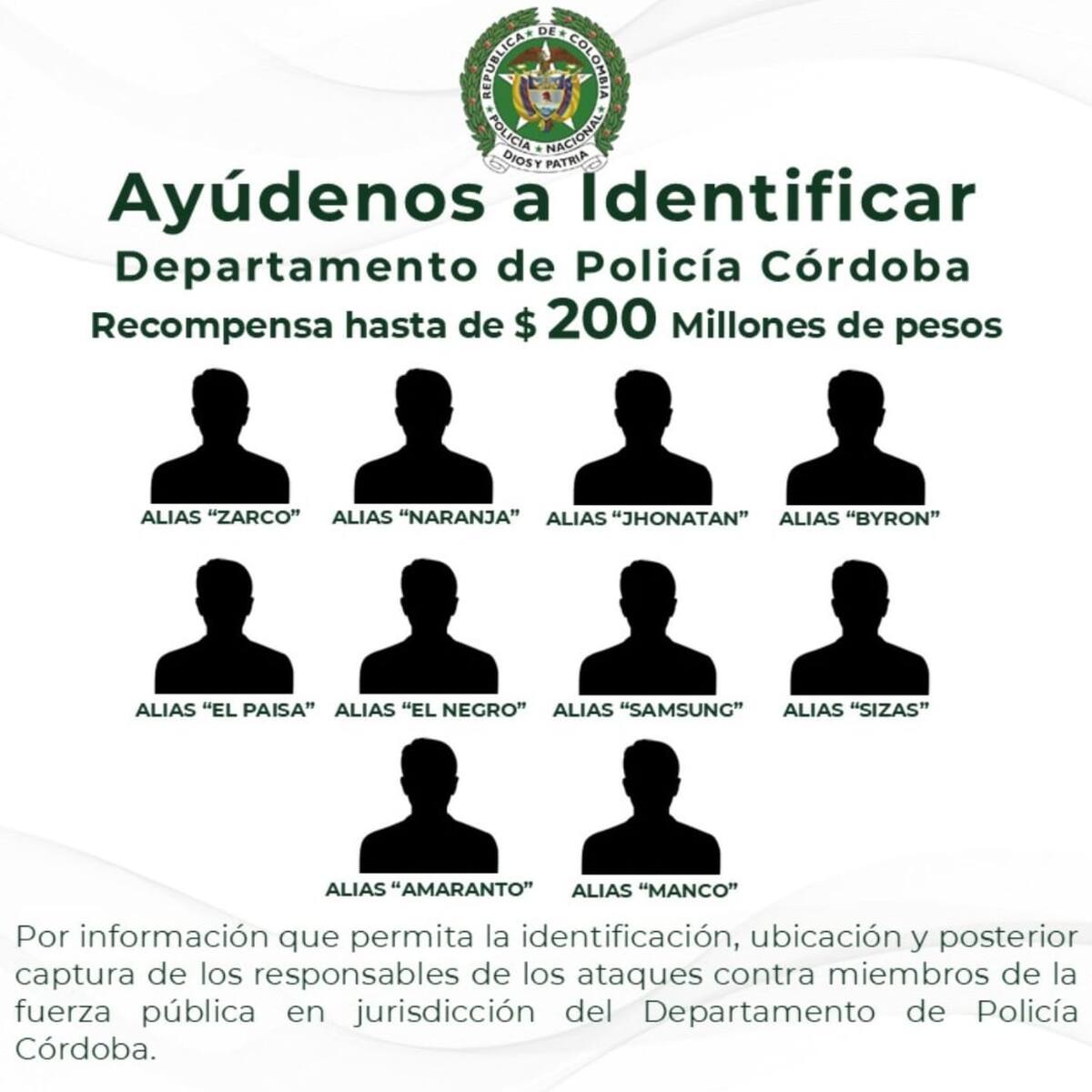 Autoridades lanzan cartel de 10 presuntos responsables del ‘plan pistola’ en Córdoba