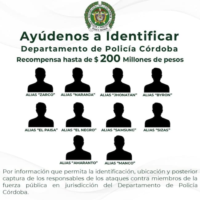 Autoridades lanzan cartel de 10 presuntos responsables del ‘plan pistola’ en Córdoba. Foto: Policía de Córdoba.