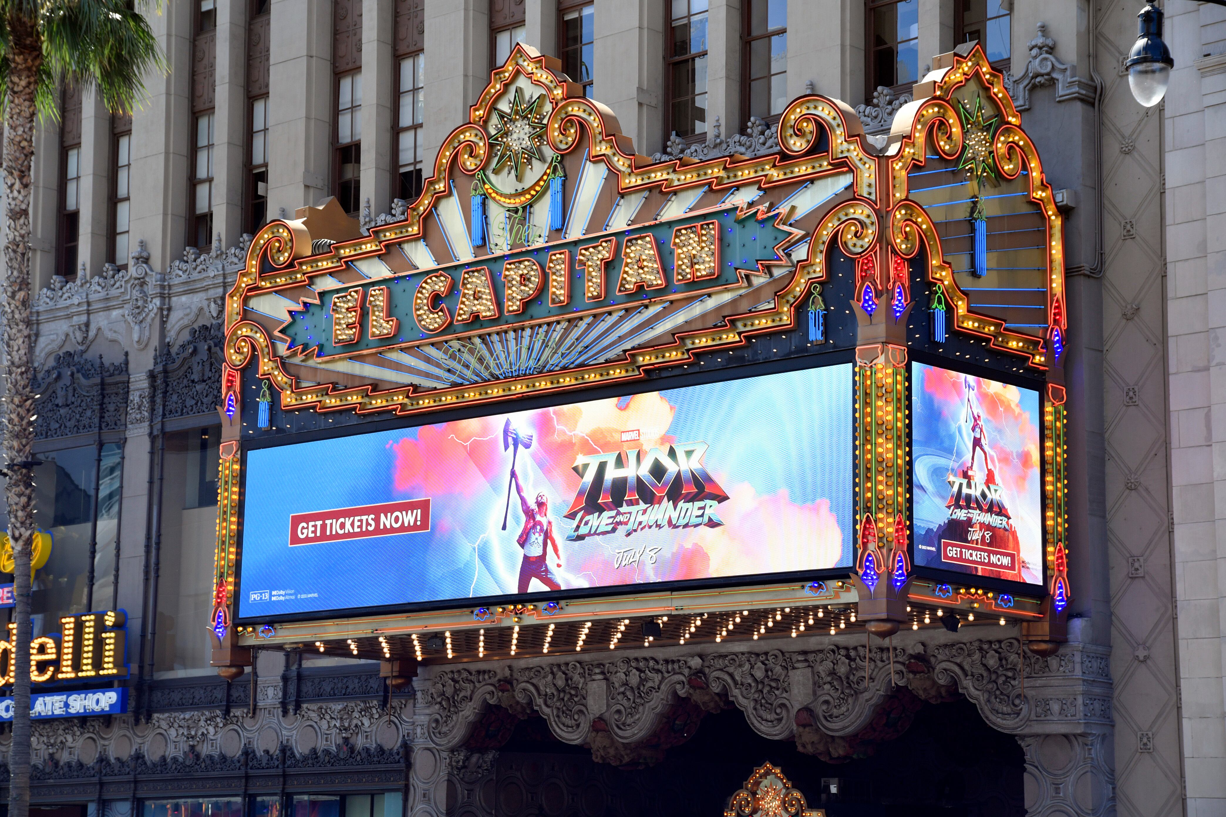 LOS ANGELES, CALIFORNIA - JULY 07: A general view of the marquee at the "Thor: Love and Thunder" G.O.A.T. Marathon hosted by Nerdist at El Capitan Theatre on July 07, 2022 in Los Angeles, California. (Photo by Michael Tullberg/Getty Images)