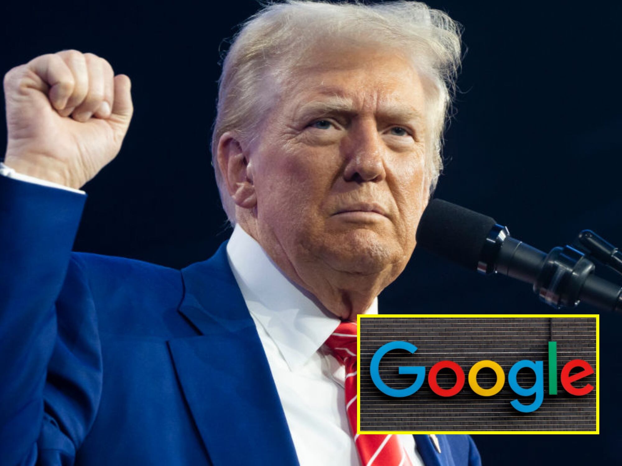 Donald Trump. I Foto: Rebecca Noble/Getty Images. Logo de Google. I Foto: Matthias Balk/picture alliance via Getty Images.