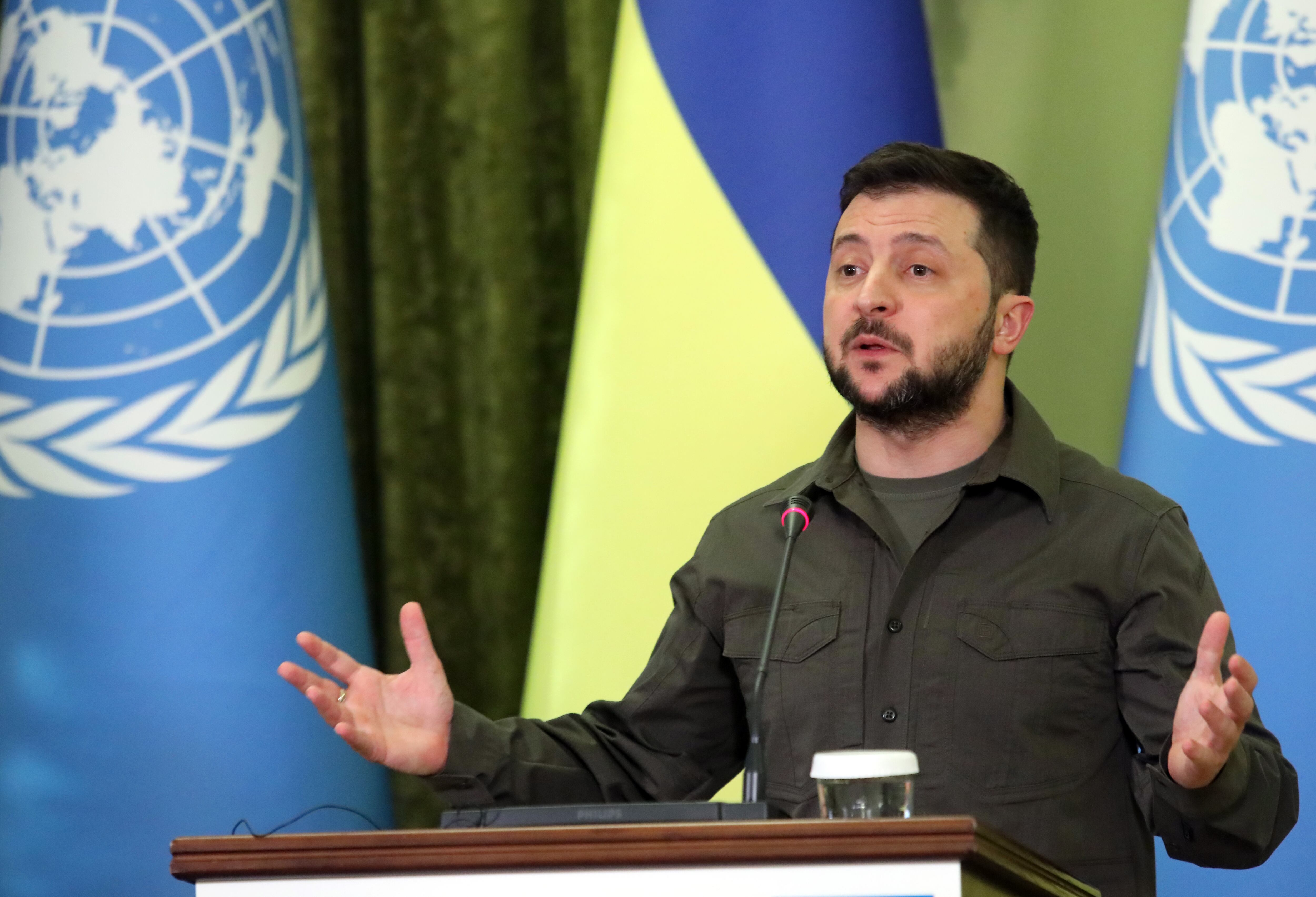 KYIV, UKRAINE - APRIL 28, 2022 - President of Ukraine Volodymyr Zelenskyy is pictured during a joint press conference with UN Secretary-General Antonio Guterres in Kyiv, capital of Ukraine. (Photo credit should read Volodymyr Tarasov/ Ukrinform/Future Publishing via Getty Images)
