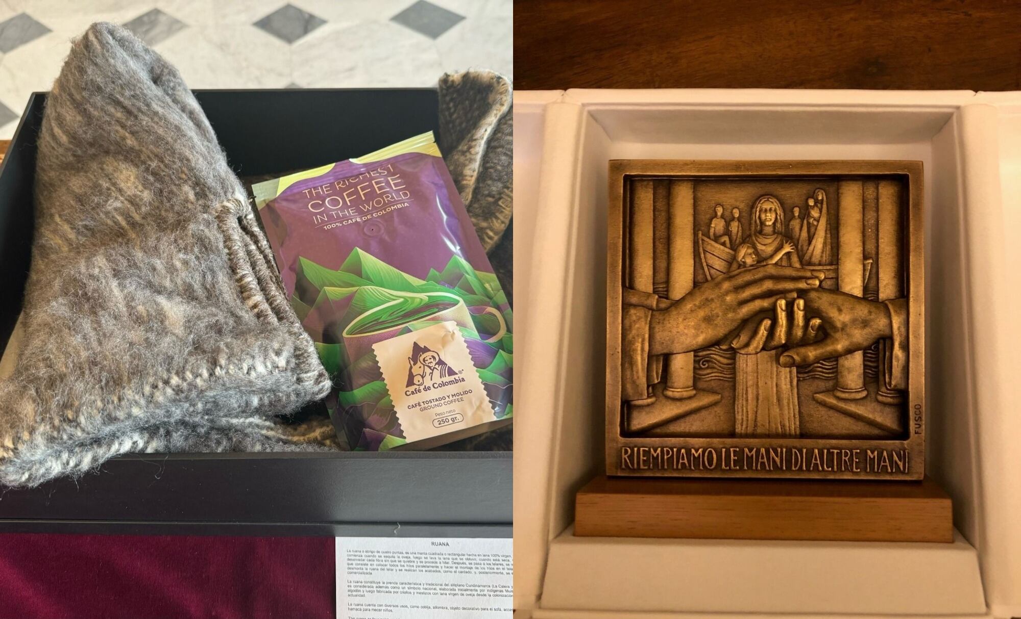 Regalos intercambiados entre el presidente Gustavo Petro y el papa Francisco. Fotos: Suministrada.