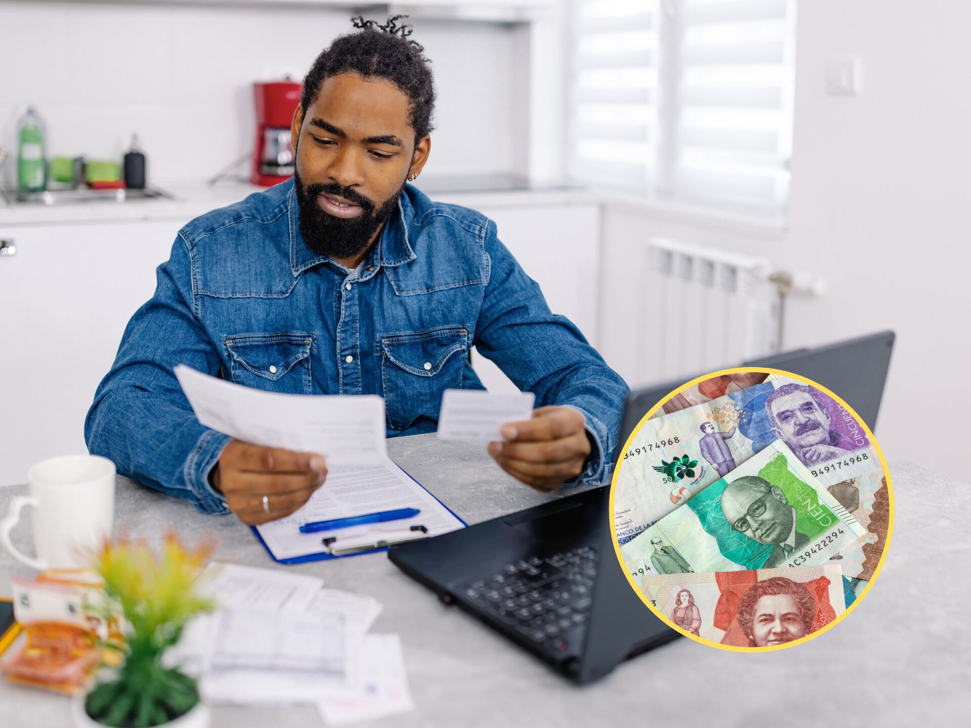 Ciudadano usando un computador para pagar facturas. En el círculo, imagen de billetes colombianos de distinta denominación (Fotos vía GettyImages)