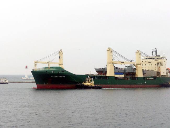 The Ocean Grand cargo ship carrying two Island-class cutters, P192Sumy and P193 Fastiv, arrives at the Odesa Sea Trade Port, Odesa, southern Ukraine. (Photo credit should read Yulii Zozulia / Ukrinform/Future Publishing via Getty Images)