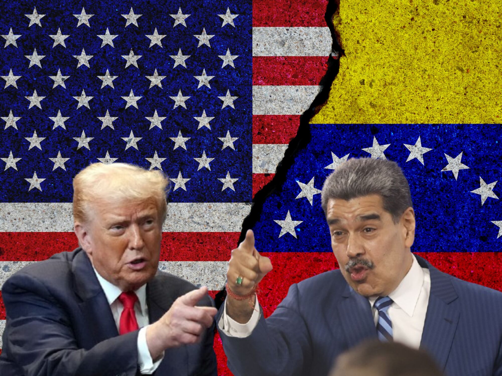 Banderas de EE.UU. y Venezuela, Donald Trump y Nicolás Maduro. Fotos: Getty Images / (Photo by Andrew Harnik/Getty Images) / (Photo by Pedro Mattey/Anadolu via Getty Images)