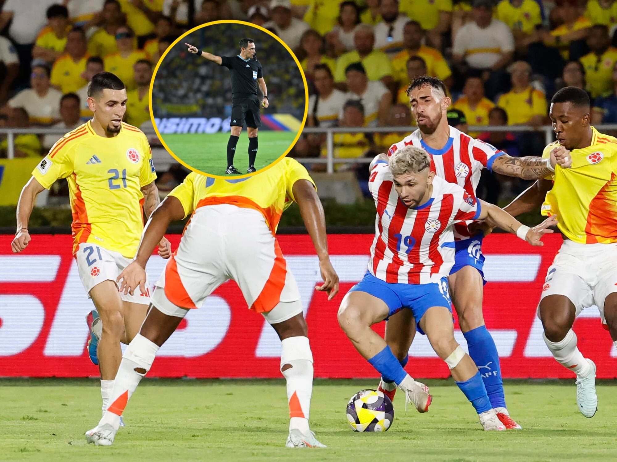 Gol de Julio Enciso y el árbitro del partido entre Colombia y Paraguay: Facundo Tello.  Fotos: EFE y Getty Images.