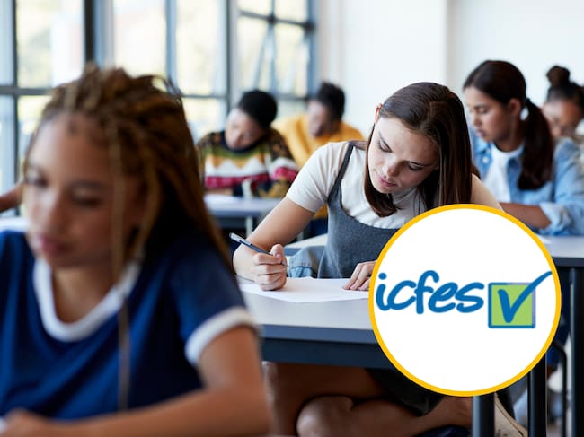 Referencia de presentación de prueba de Estado y logo de ICFES. Foto: Klaus Veldfet vía Getty Images y página del ICFES.