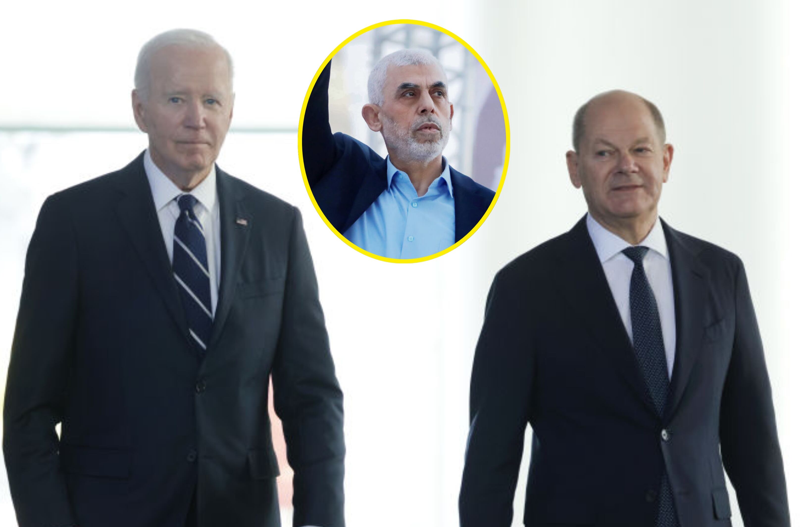 Joe Biden y Olaf Scholz. I Foto: Sean Gallup/Getty Images. Yahya Sinwar. I Foto: Yousef Masoud/SOPA Images/LightRocket via Getty Images.