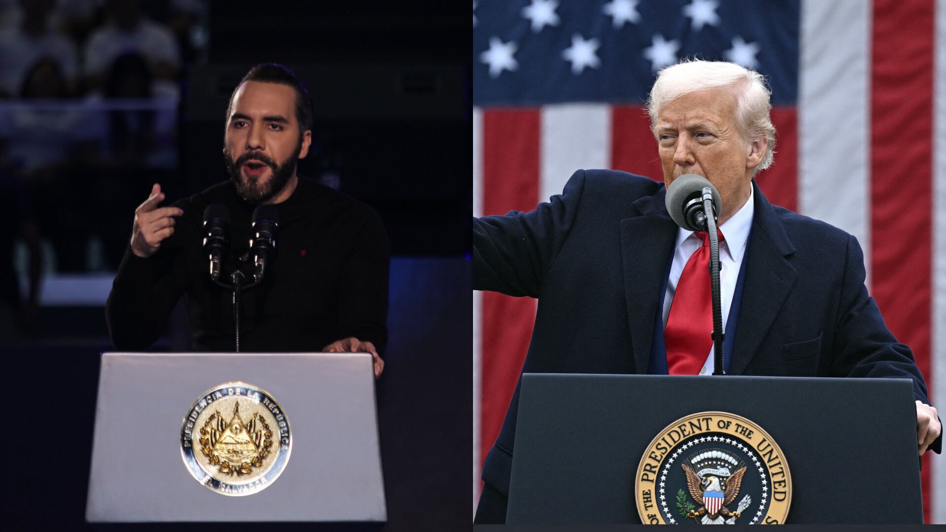 Donald Trump. FOTO:BRENDAN SMIALOWSKI/AFP via Getty Images - Nayib Bukele. FOTO:Alex Peña/Getty Images.