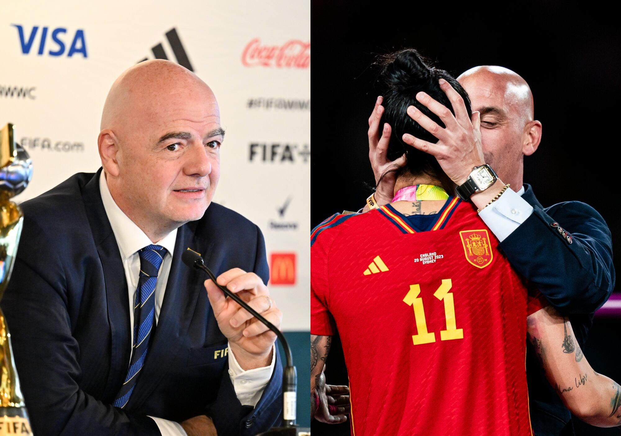 Gianni Infantino y beso entre Luis Rubiales y Jennifer Hermoso | Fotos. GettyImages