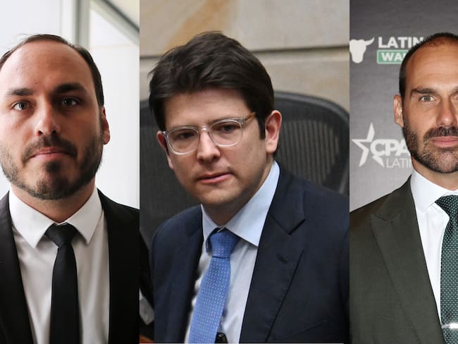 Hijo de Jair Bolsonaro Carlos Bolosnaro, Eduardo Bolosnaro, Senador y precandidato presidencial Miguel Uribe Turbay. Foto: SERGIO LIMA/AFP via Getty Images/Alexander Tamargo/Getty Images for Latino Wall Street/RAUL ARBOLEDA/AFP via Getty Images