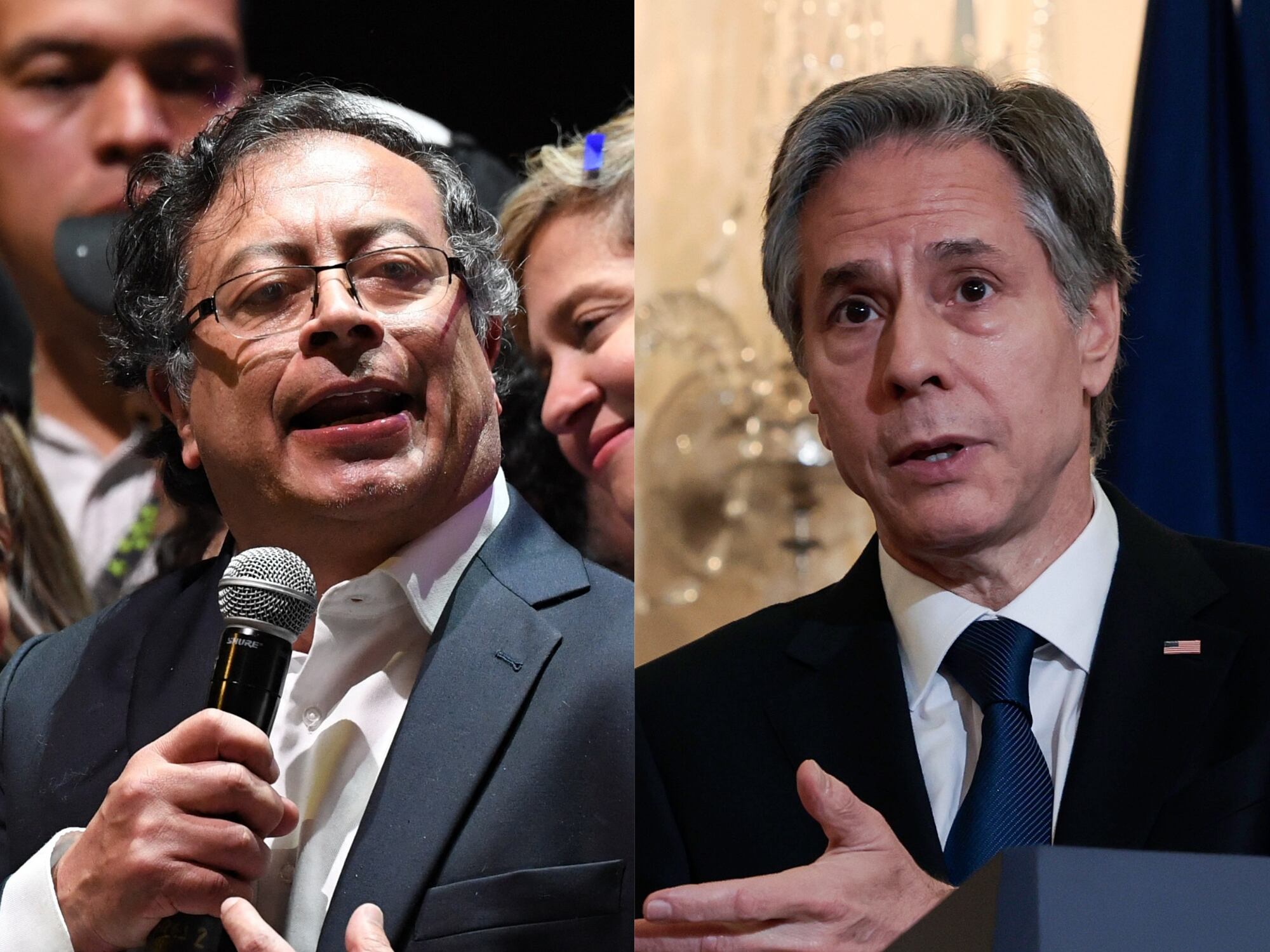 Gustavo Petro y Antony Blinken. Foto: DANIEL MUNOZ/AFP vía Getty Images / Anna Moneymaker/Getty Images