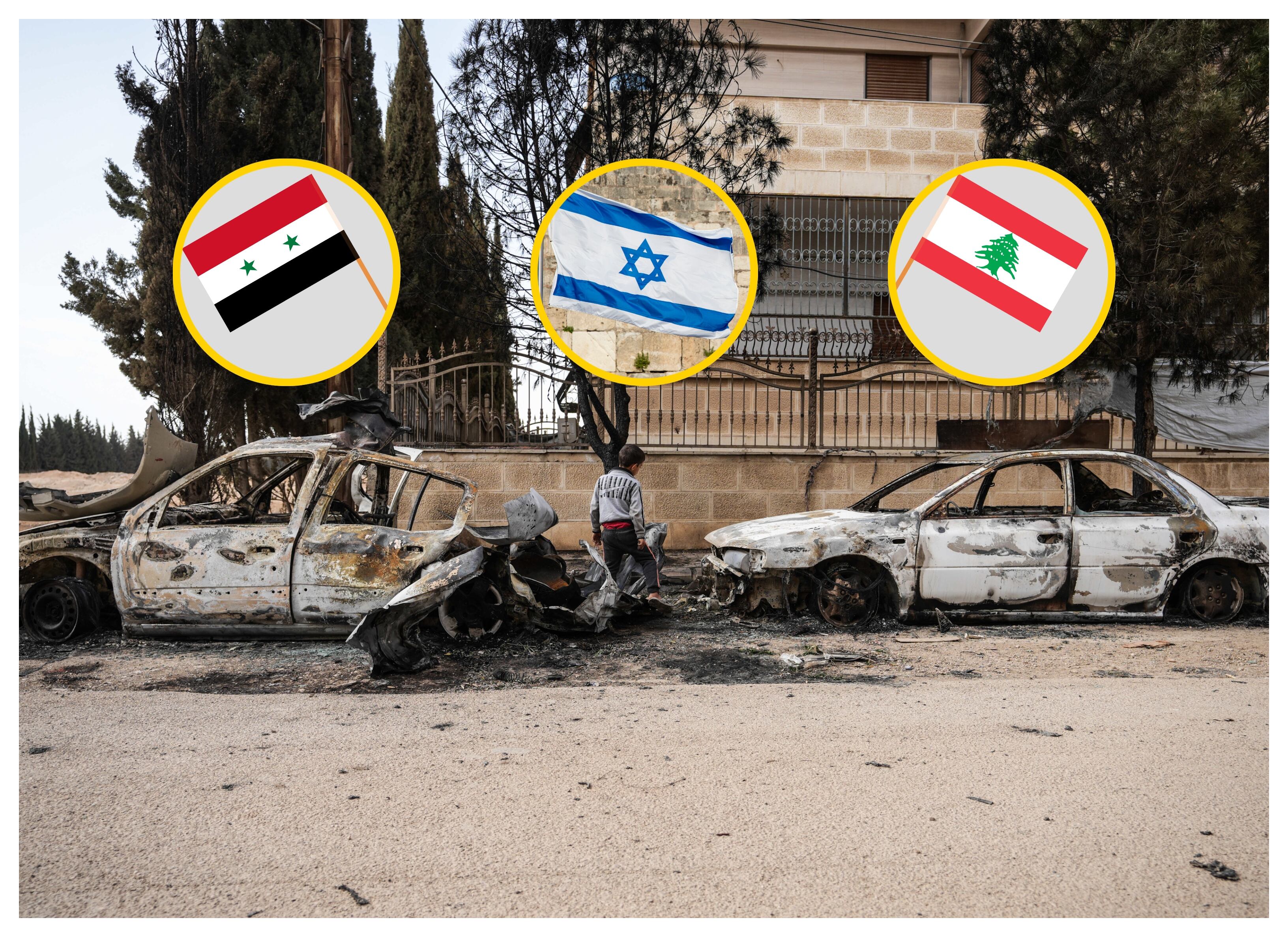 Banderas de Israel, Siria, Líbano y guerra en Siria. Foto: Moawia Atrash/picture alliance/ Pual Soulders, iZhenya vía Getty Images.