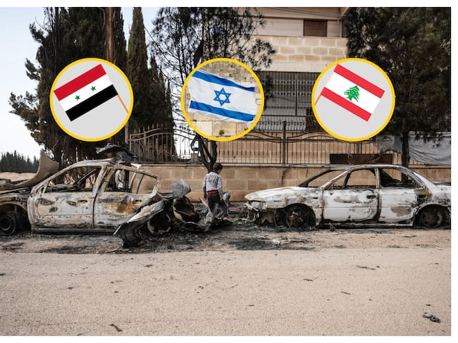 Banderas de Israel, Siria, Líbano y guerra en Siria. Foto: Moawia Atrash/picture alliance/ Pual Soulders, iZhenya vía Getty Images.