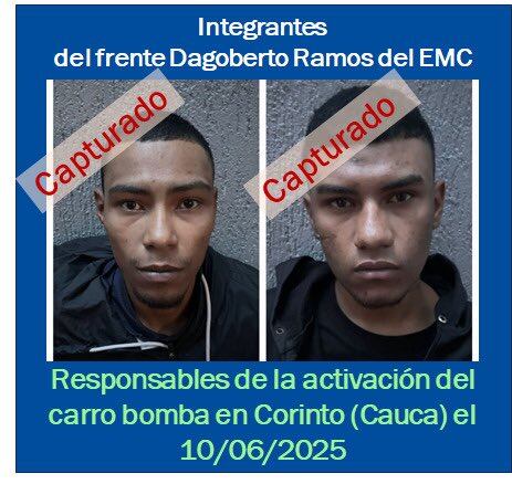 Presuntos implicados en la detección de un 'carro bomba' en el Cauca. Crédito: Policía Nacional.