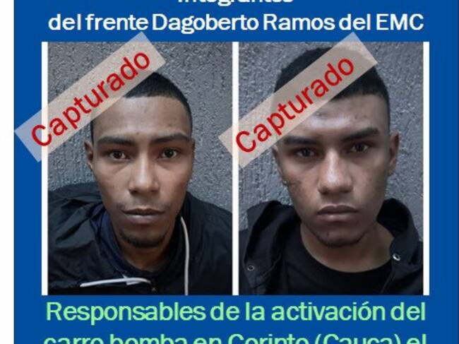 Presuntos implicados en la detección de un 'carro bomba' en el Cauca. Crédito: Policía Nacional.