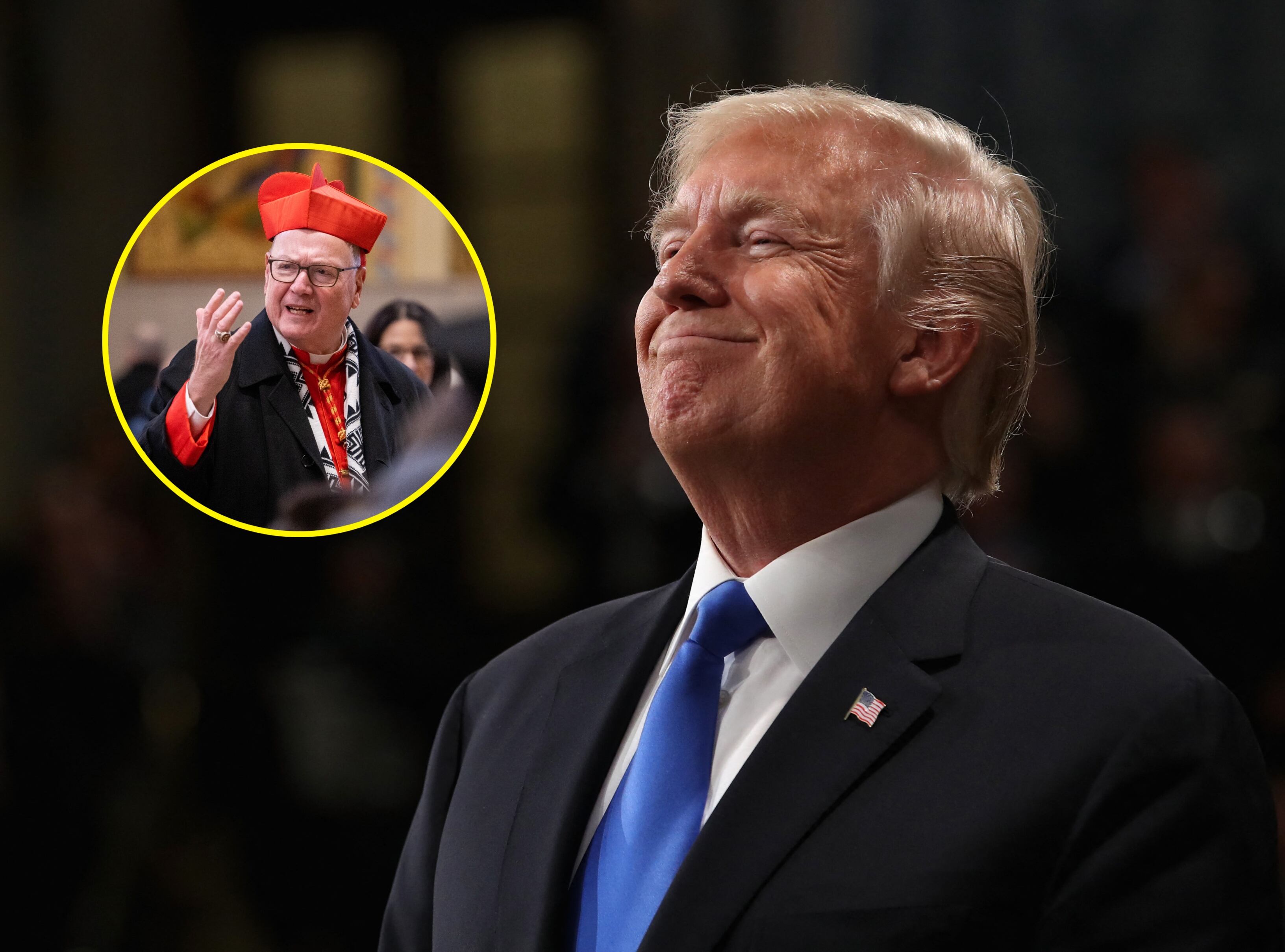 Presidente estadounidense Donald Trump. FOTO: WIN MCNAMEE/POOL/AFP via Getty Images. // Cardenal de Nueva York Timothy Dolan. FOTO:  Alexi Rosenfeld/Getty Images