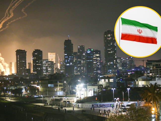 Tel Aviv y bandera de Irán. Foto: Anadolu y Wong Yu Liang vía Getty Images.