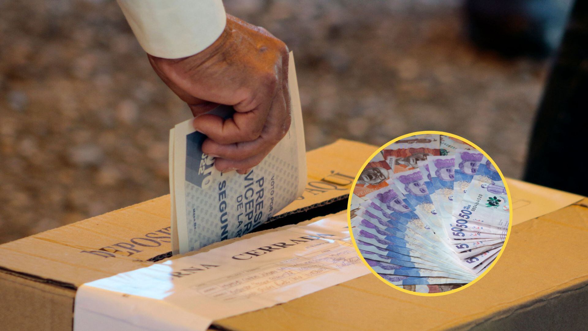 Imagen de referencia de una persona depositando su voto en una urna. En el círculo se ve una imagen de los billetes de Colombia / Fotos: GettyImages