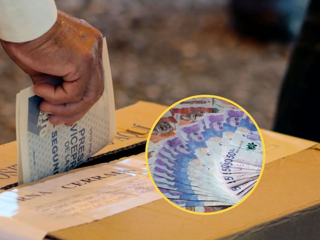Imagen de referencia de una persona depositando su voto en una urna. En el círculo se ve una imagen de los billetes de Colombia / Fotos: GettyImages