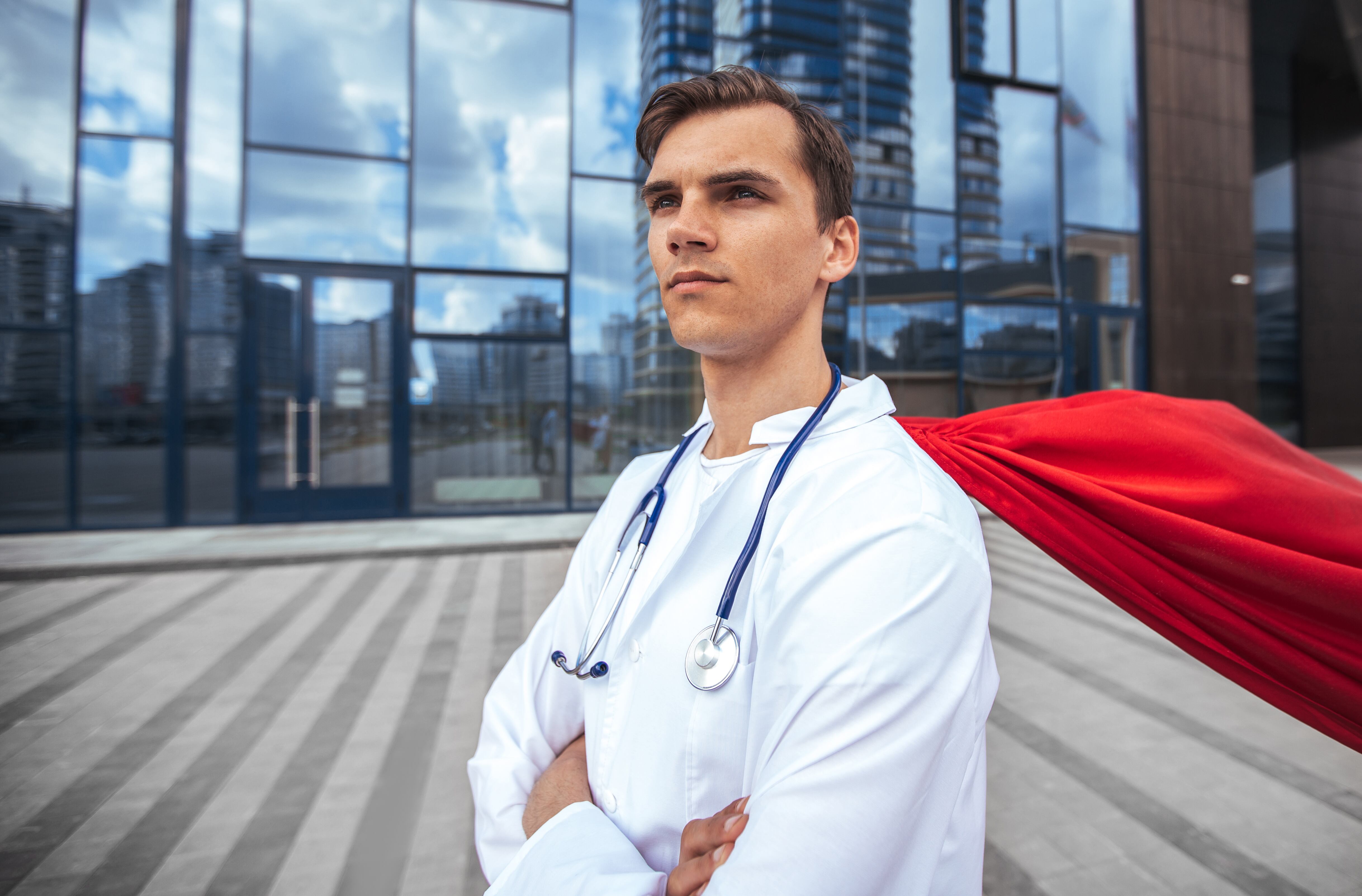close up. paramedic superhero standing on a city street. photo with a copy of the space. Photo: Getty Images